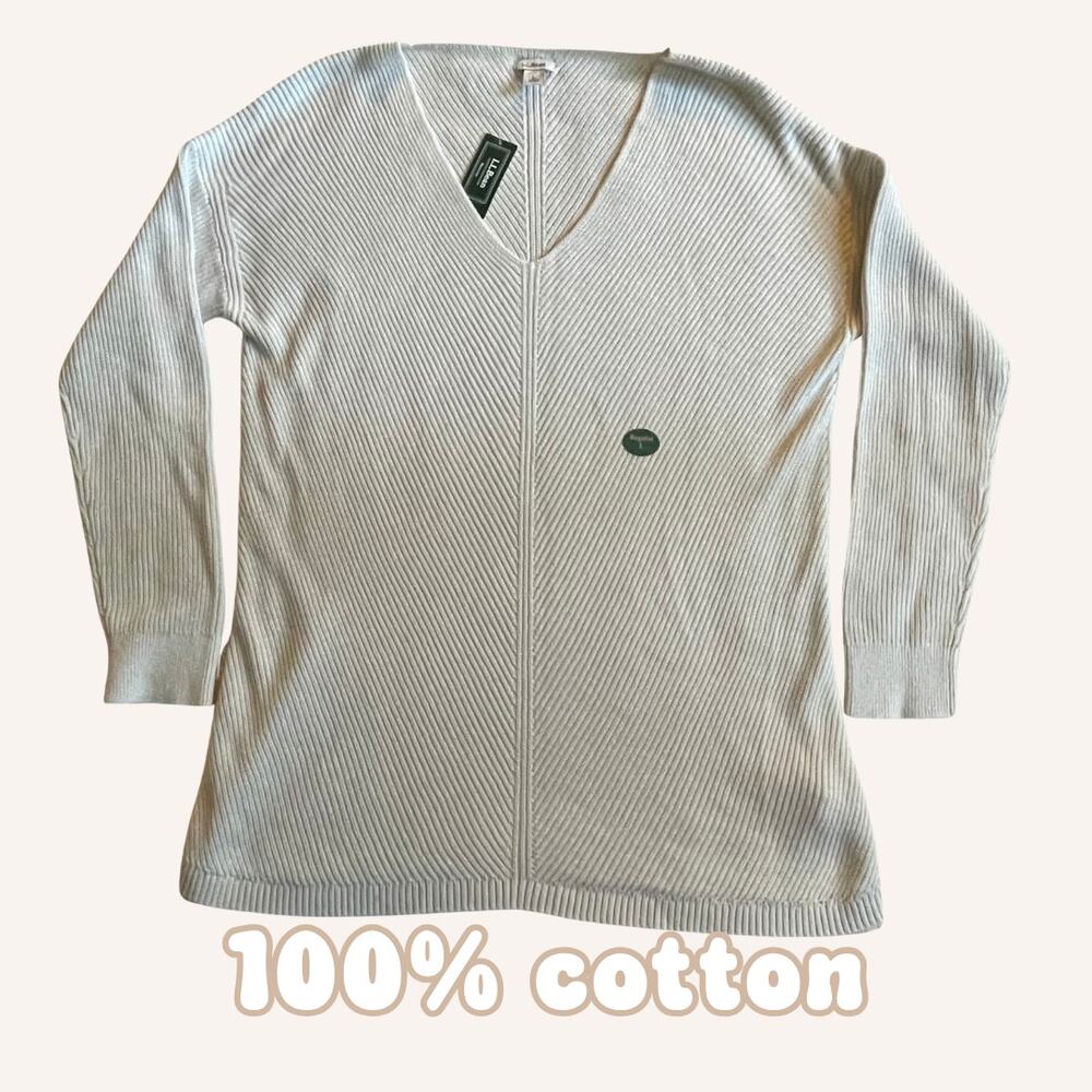 L.L.BEAN sweater cream large cotton chevron ribbed knit v neck nwt tunic